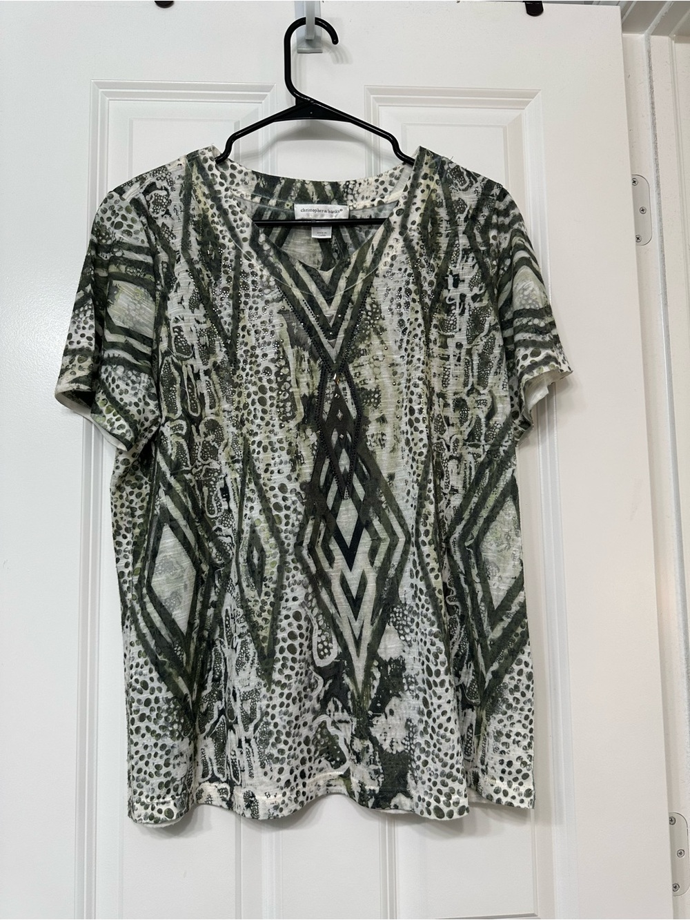 Christopher & Banks Olive Green Abstract Print Short Sleeve Top